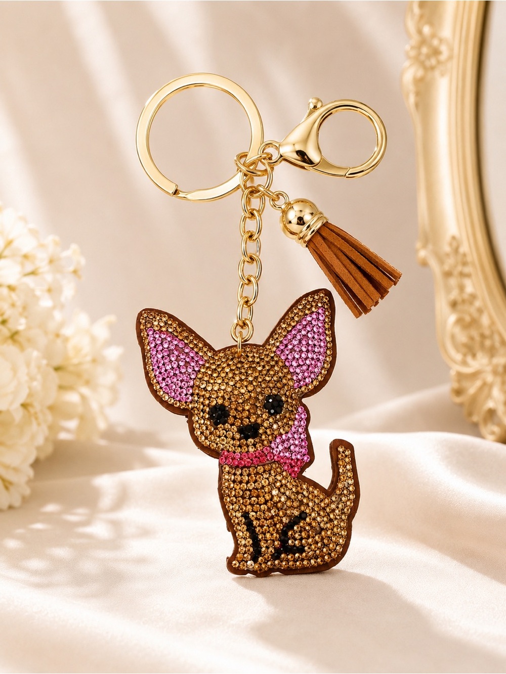 Rhinestone Chihuahua Dog Bag Charm Keychain Pink Crystal Tassel Purse charm